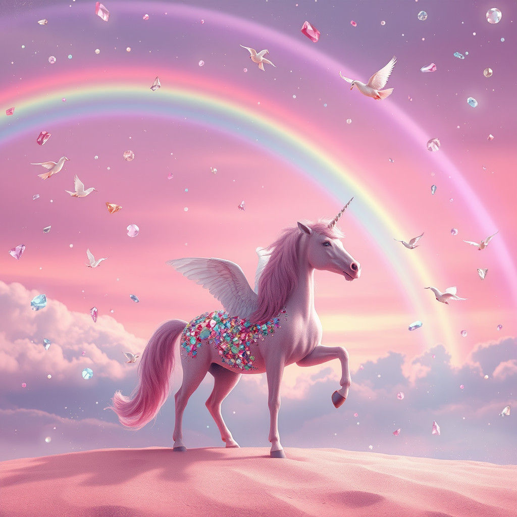 Pastel Unicorns and Pegasus in Gem-Filled Sky