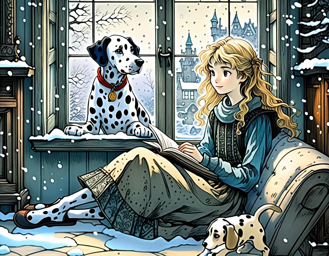 Anime Style Fairytale: Girl and Puppy in Window