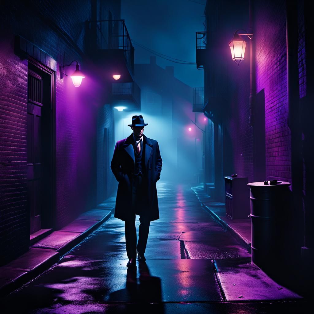 Gritty Film Noir Detective in a Rainy Alley