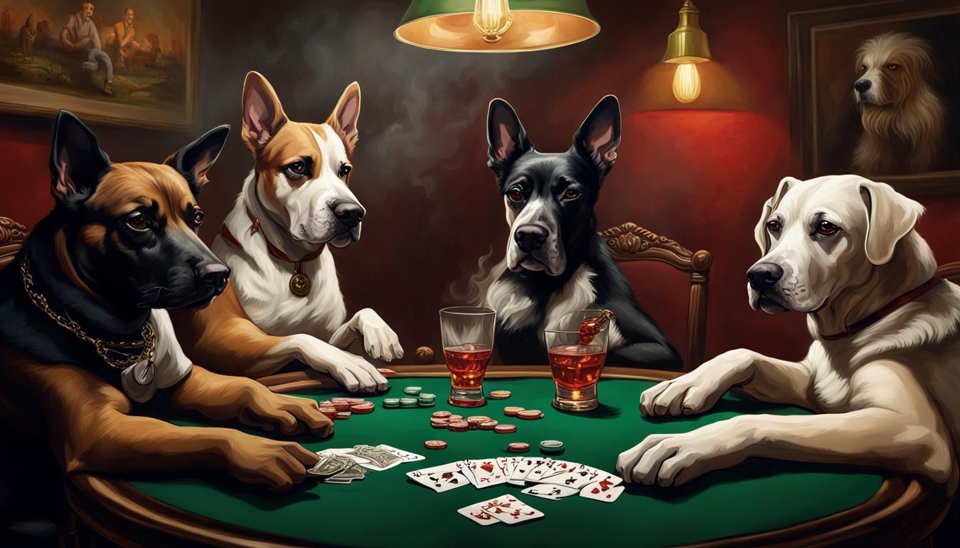 Albanian Dogs Play Poker, Hyperrealistic Splash Art