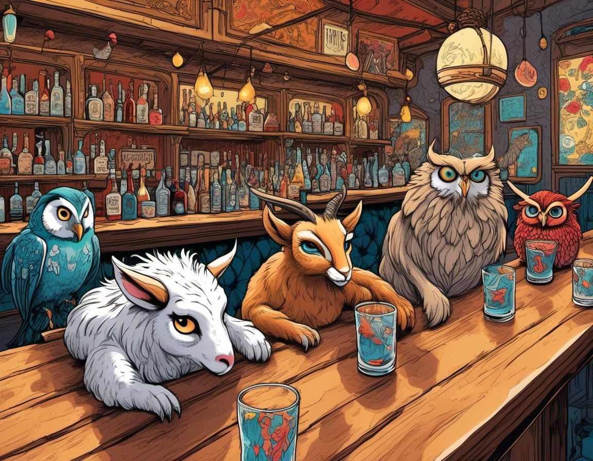 Elegant Jaguar, Owl, and Goat in a Bar