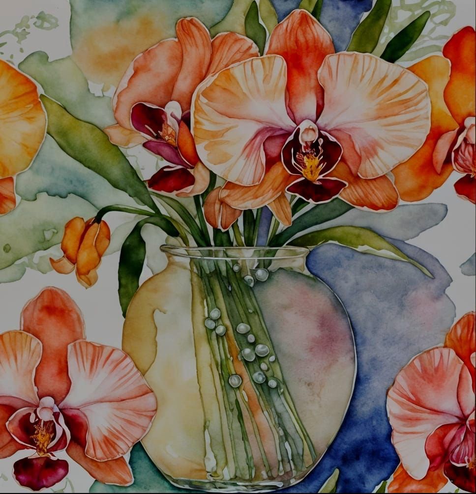 Delicate Glass Vase with Orchids in Soft Focus Watercolor
