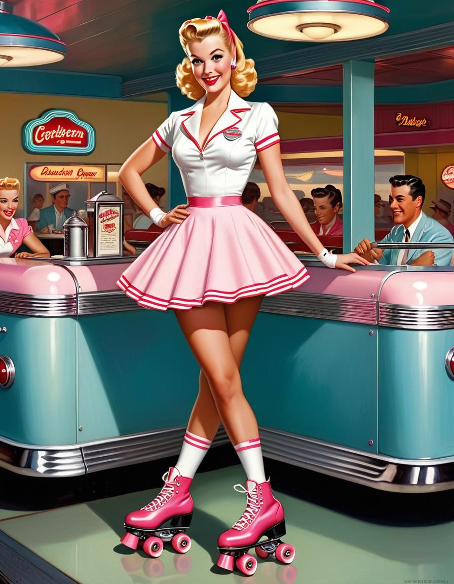 Vintage Carhop at 50s Diner, Pin-Up Style