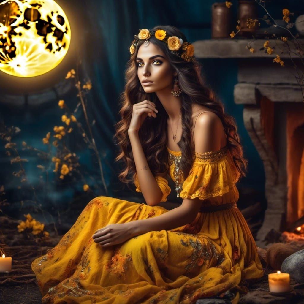 Beautiful Gypsy Girl by Firelight on Moonlit Night