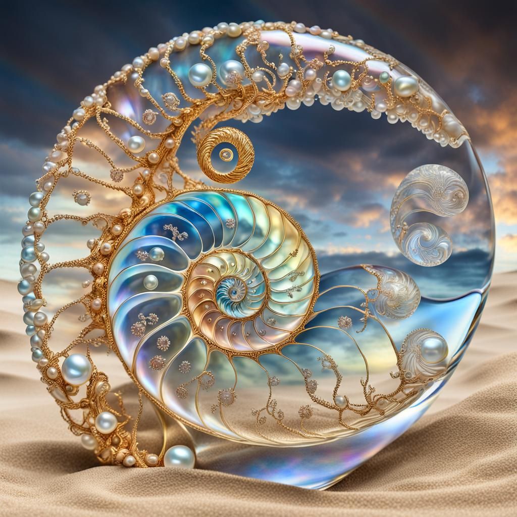 Crystal Nautilus Shell with Fibonacci Spiral