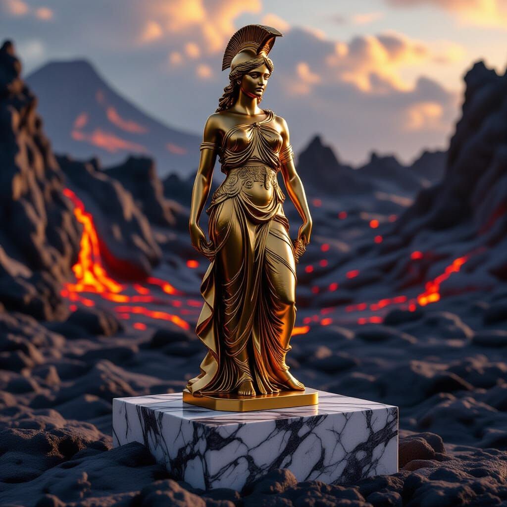 Golden Goddess Statue in Volcanic Landscape