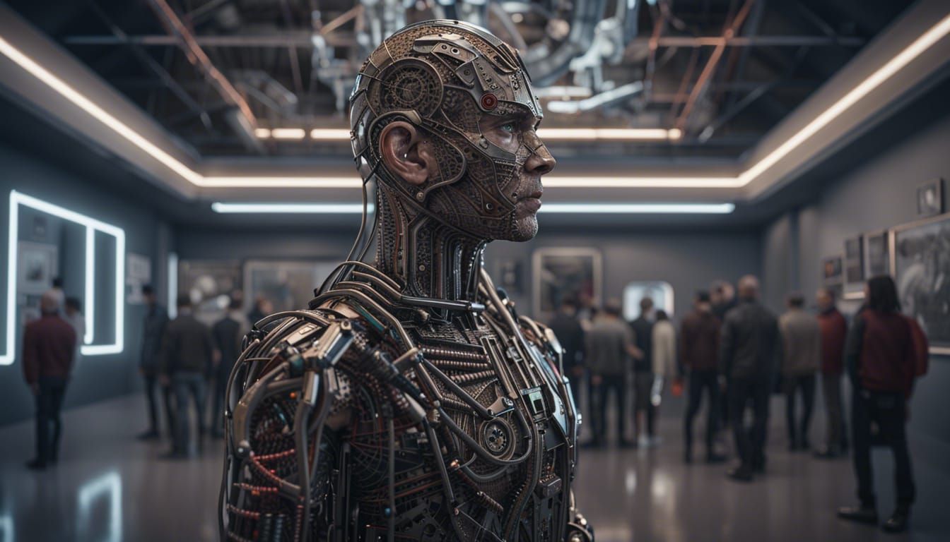 Cyborg in Art Gallery: Futuristic Sci-Fi Art