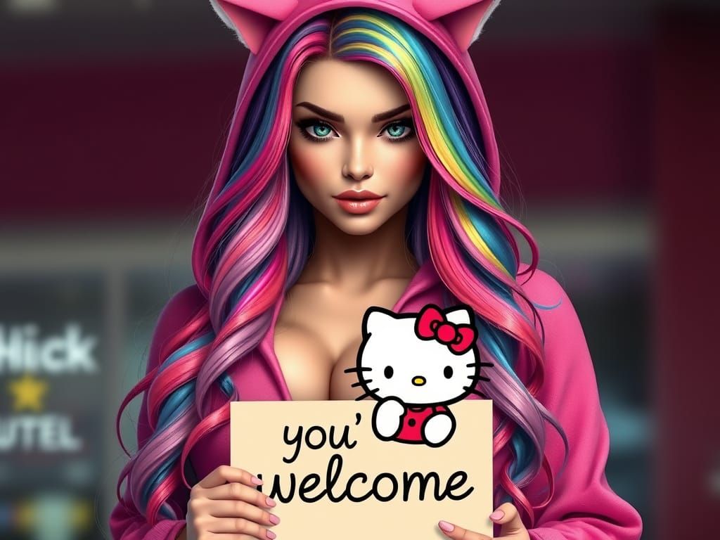 Voluptuous Woman in Rainbow Hair with Kitty Ears Hoodie