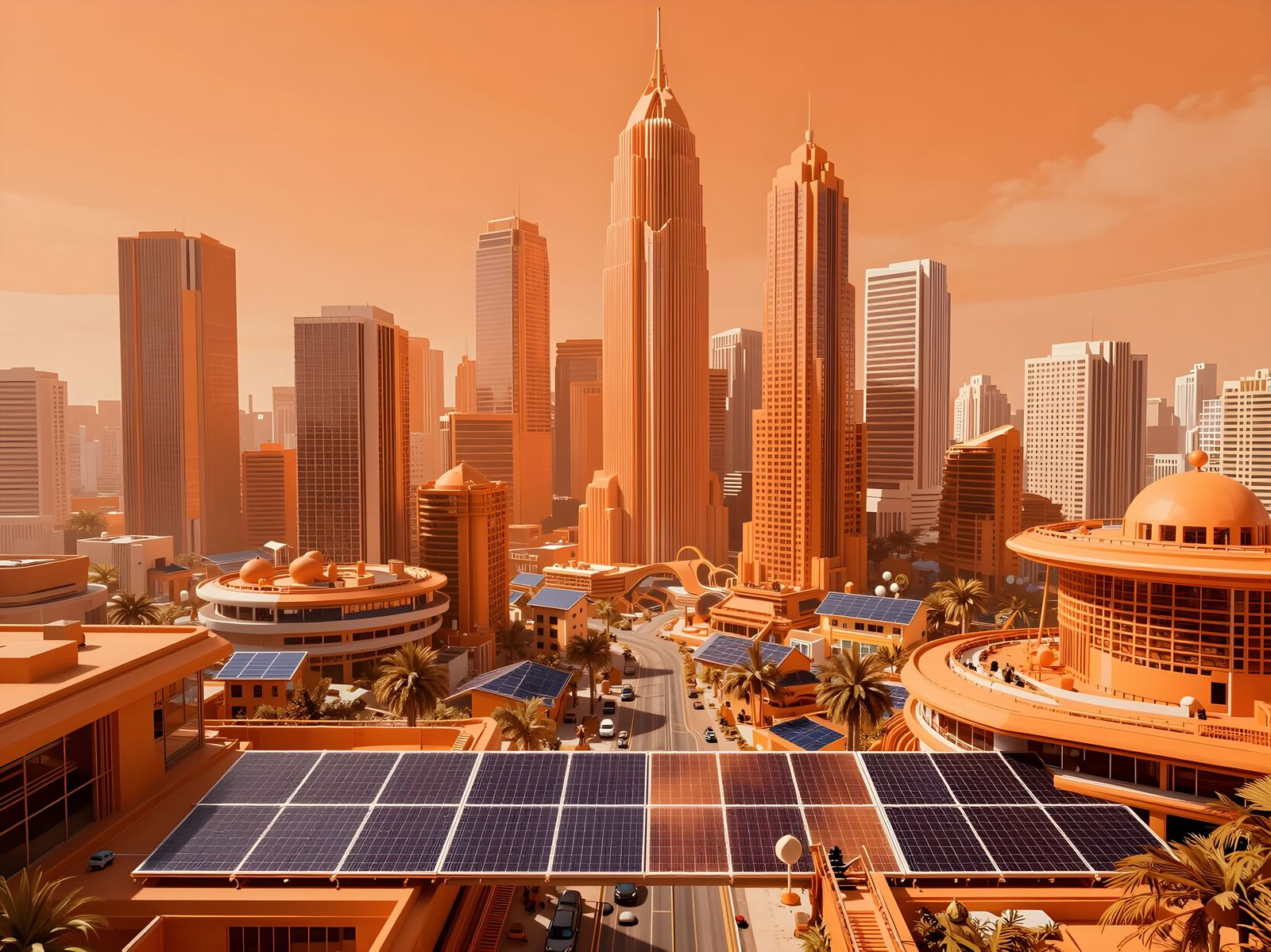 Solarpunk Cityscape of Orange Hues