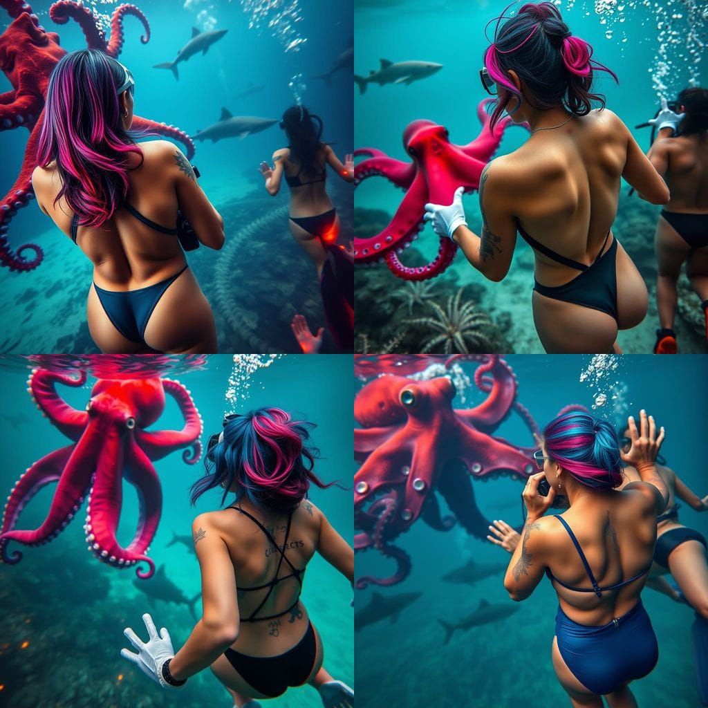 Vibrant Underwater Scene with Scuba Divers and Sharks