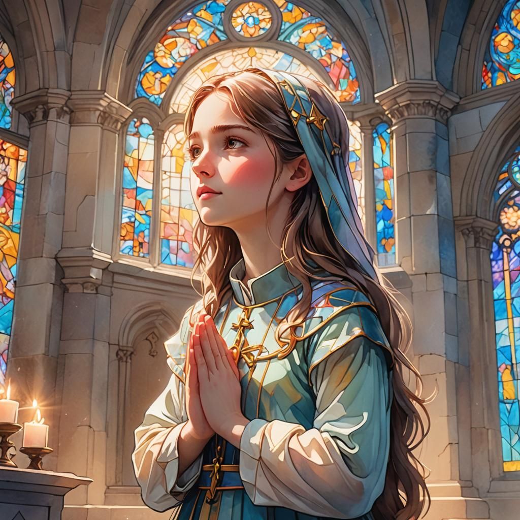 Girl Praying in Church: Dreamy Anime Style