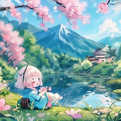 Sakura Tree Serenity in Japanese Landscape with Girl in Kimo...