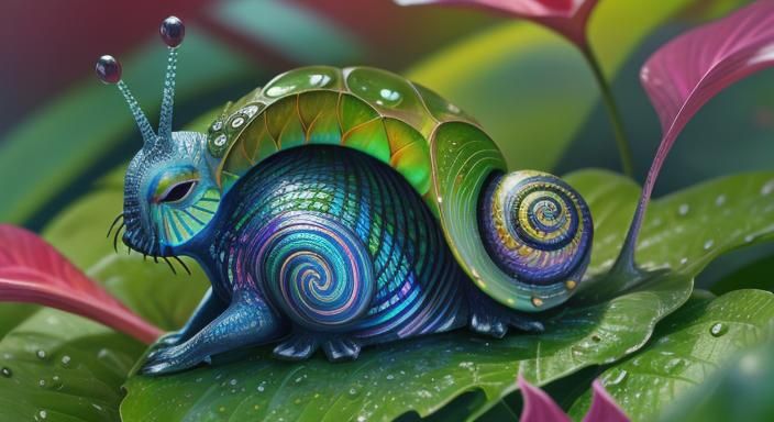 Macro Snail in Garden with Iridescent Shell