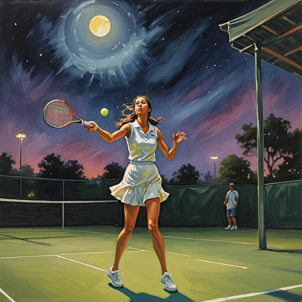 Woman Playing Tennis Under Moonlight Painting