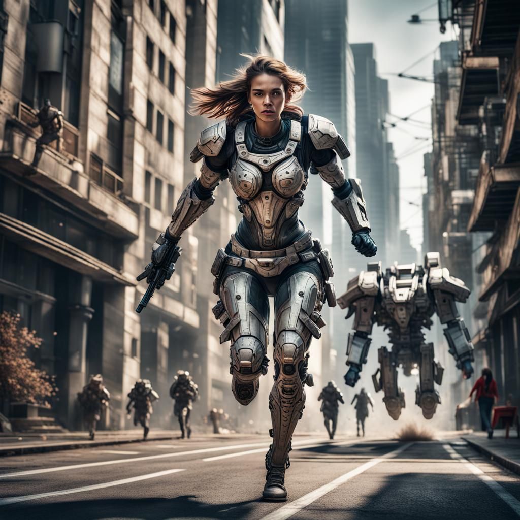 Female Warrior Evades Mech Warrior in City
