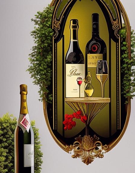 Art Nouveau Illustration of Wine Bottles and Woman