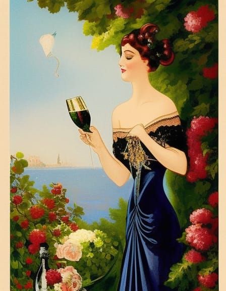 Elegant Woman with Wine in Art Nouveau Style