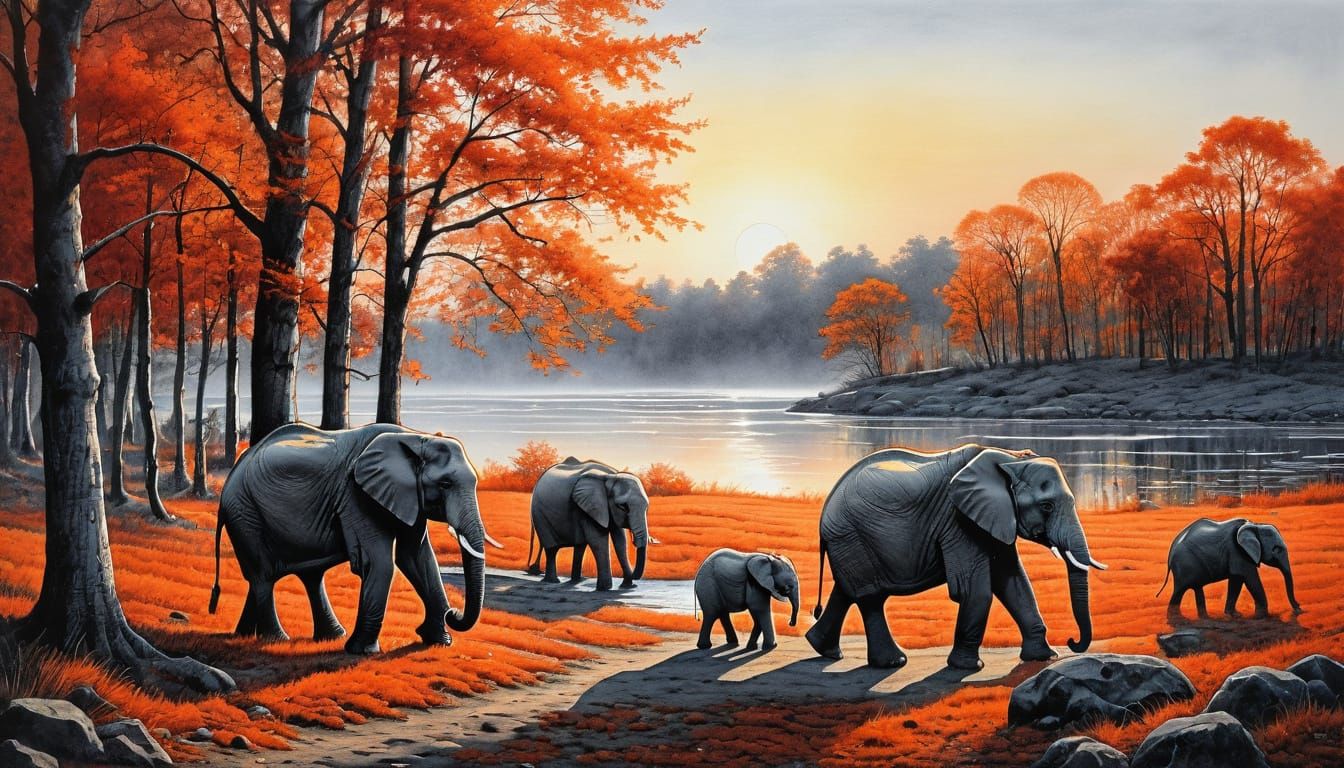 Autumn Elephants at Lake Sunrise