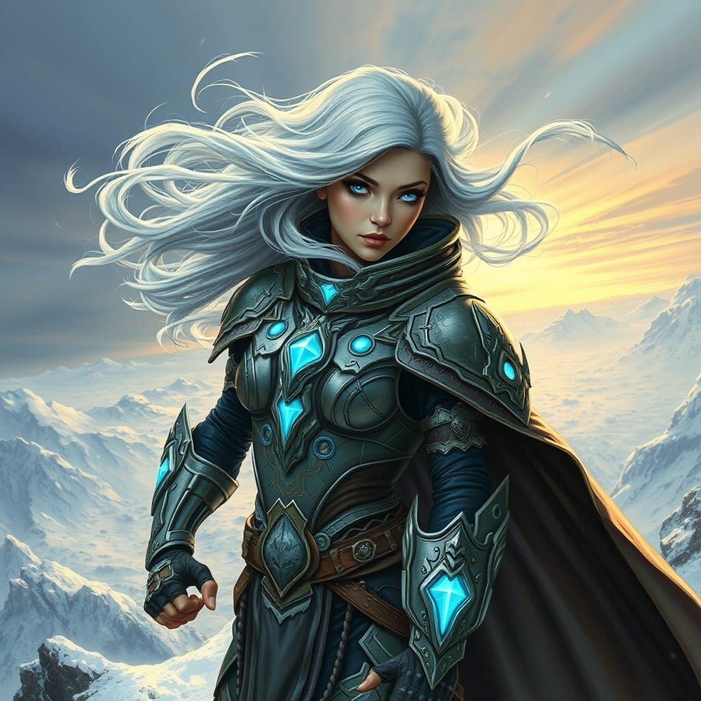 Futuristic Female Warrior on Snowy Mountain