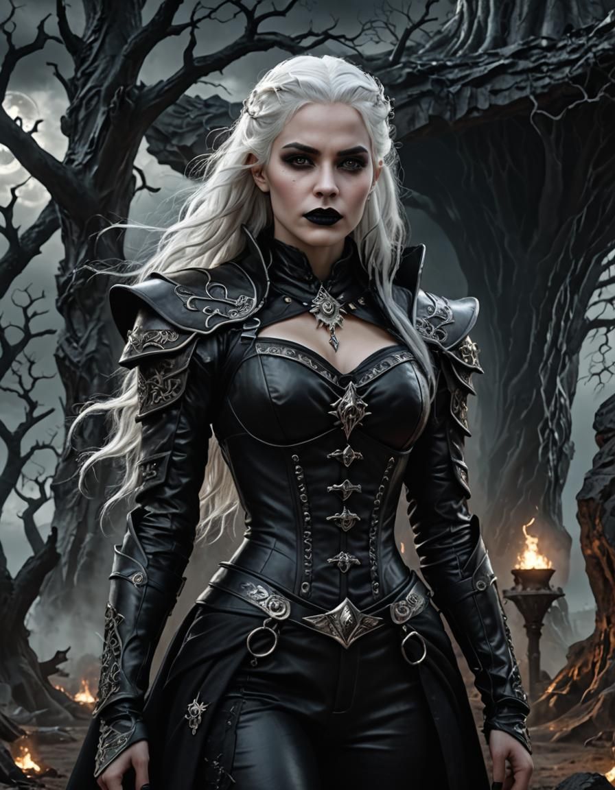 Gothic Sorceress in Wasteland Cave Entrance, Hyperrealism