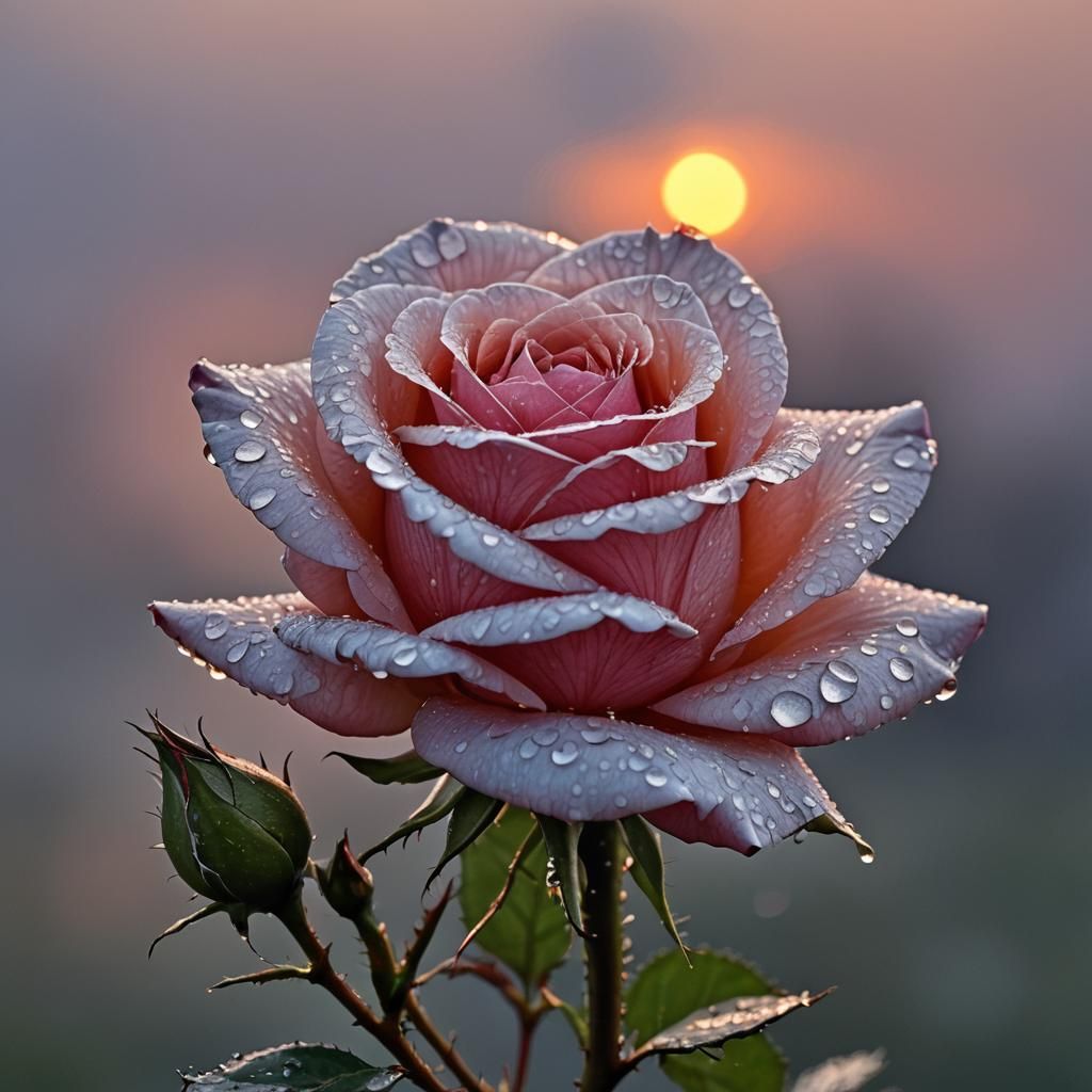 Rose with Dew Drops at Sunset