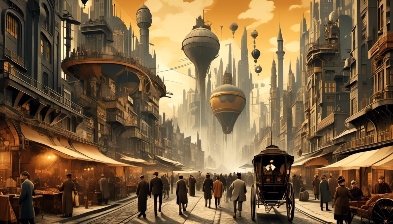 Steampunk Cityscape with Zeppelin at Sunset