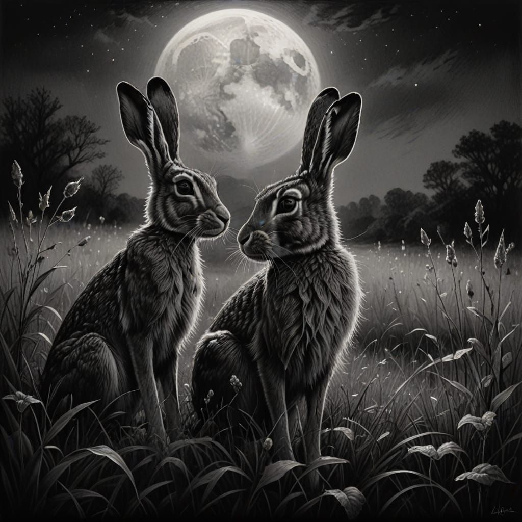 Whimsical Hares Bask in Moonlit Meadow