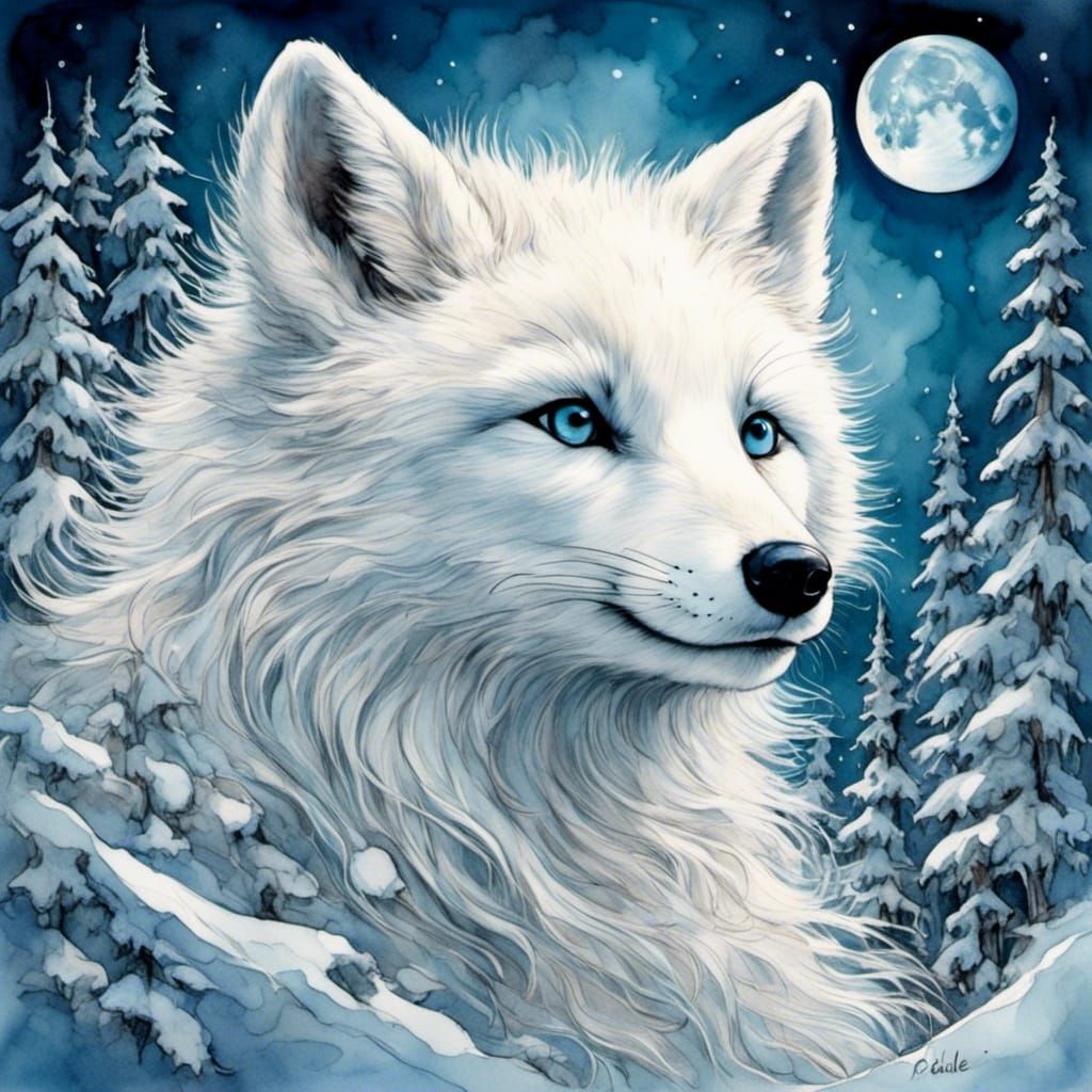 Arctic Fox in Moonlight, Watercolor Ink Drawing