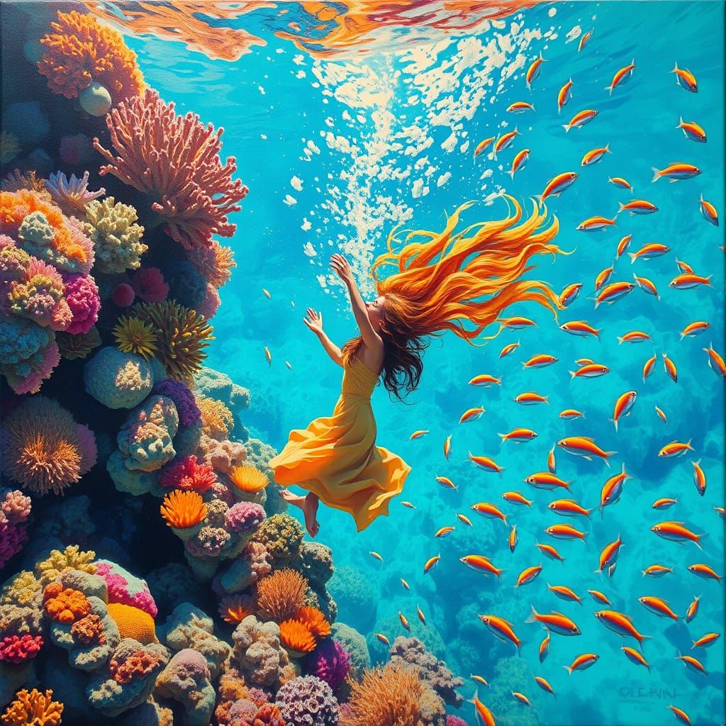 Woman Amidst Vibrant Coral Reef in Expressive Gouache Style