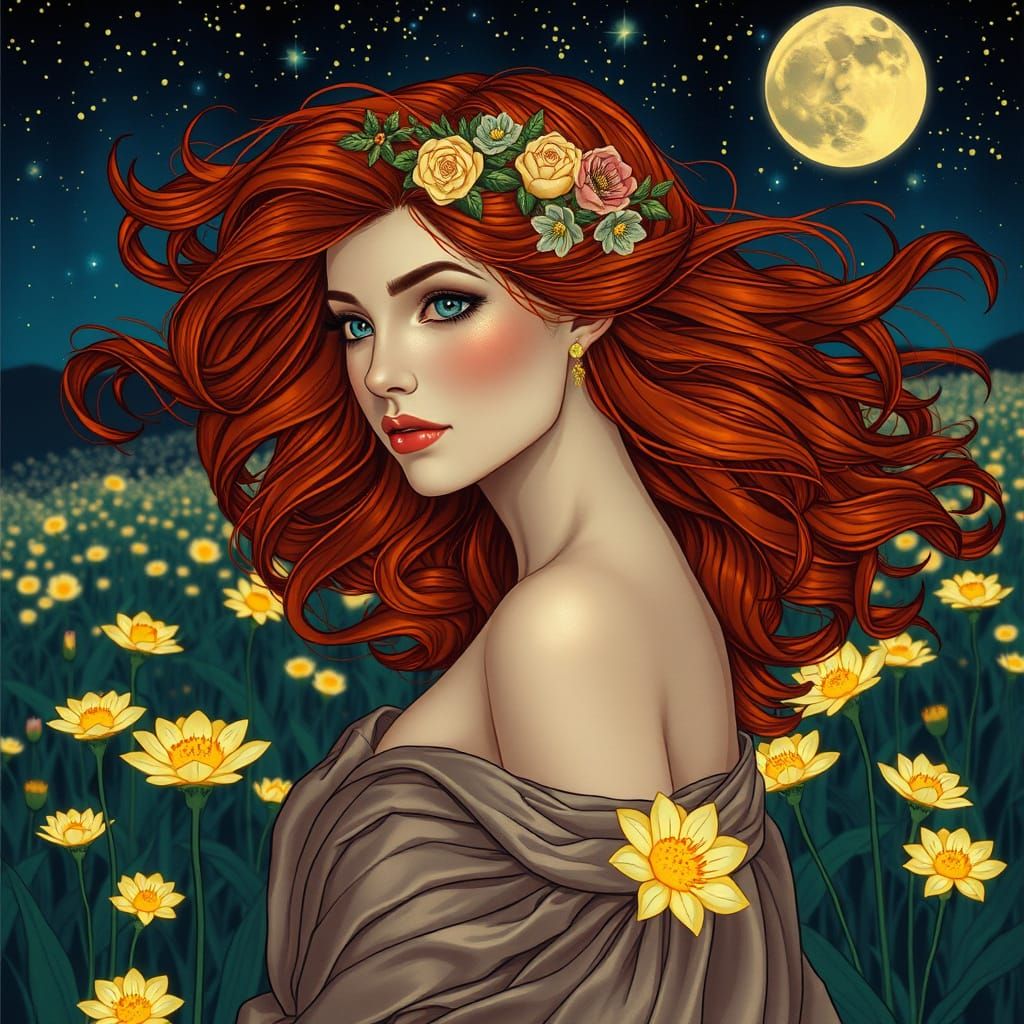 Art Nouveau Woman in Bioluminescent Flower Field