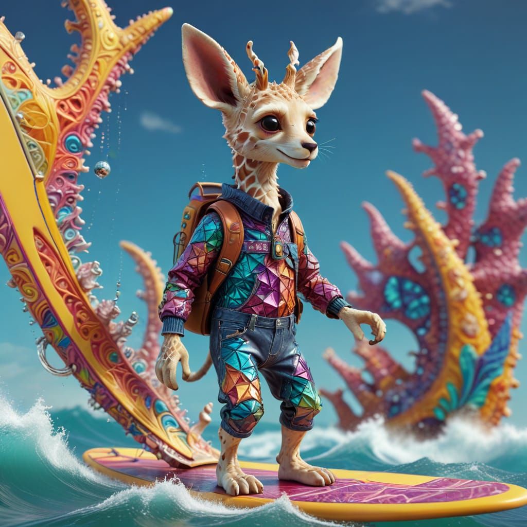 Surreal Giraffe Fennec Surfer Rides Bismuth Waves
