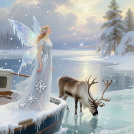 Winter Fairy with Crystal Wings on Frozen Ferry