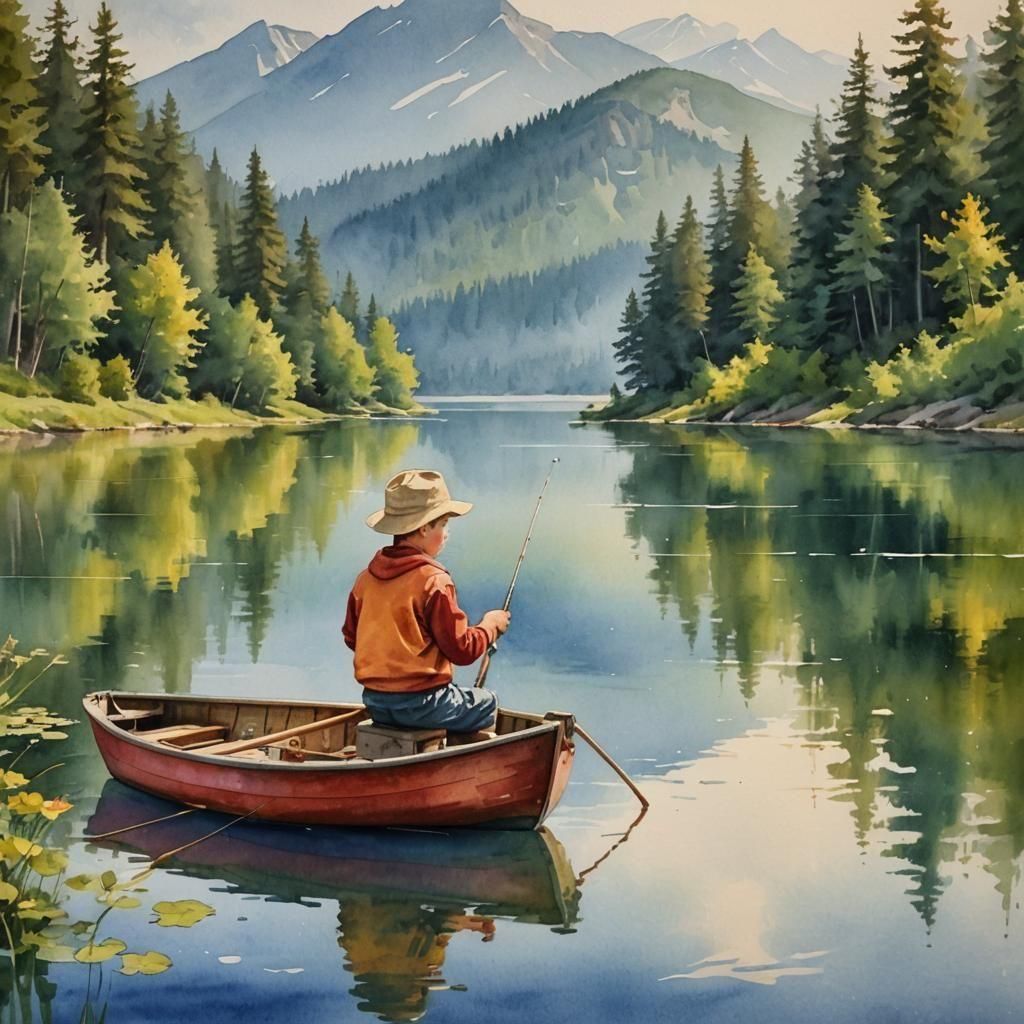 Boy Fishing on Lake: Oil and Watercolor Painting