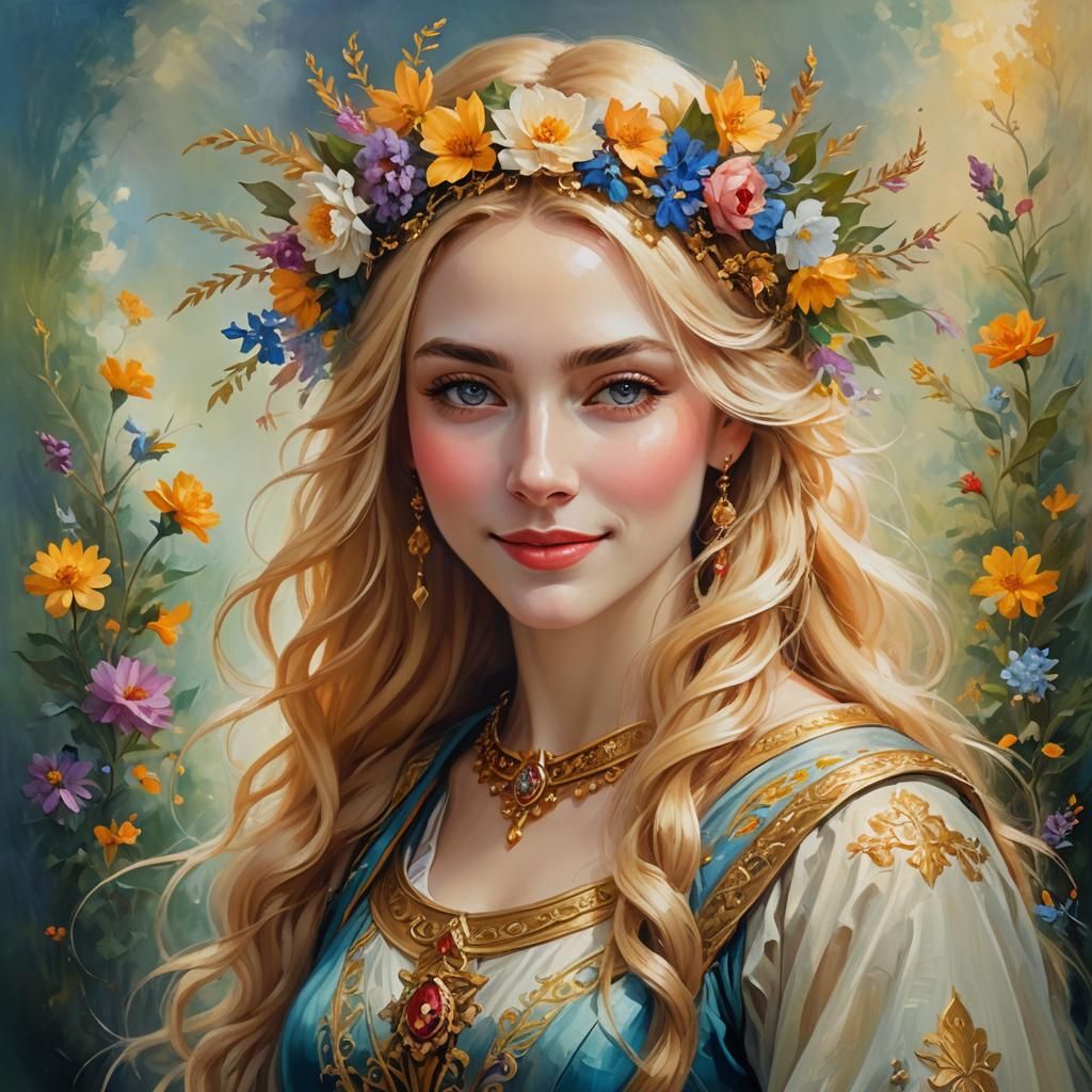 Golden-Haired Woman in Medieval Dress, Impressionistic Style