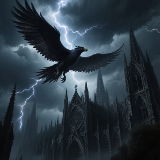 Gothic Griffin Soars Above Cathedral Amidst Lightning Storm