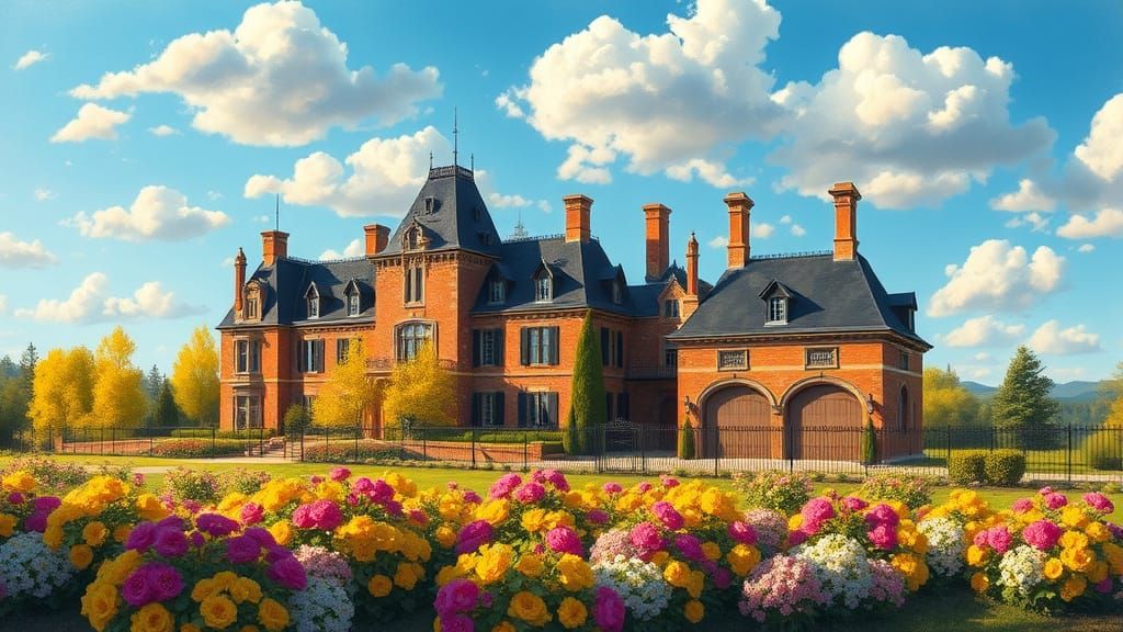 Grand Chateau in Golden Hour Light with Vibrant Garden