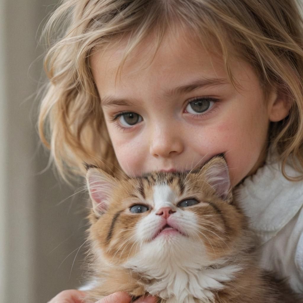 Kitten and Girl Face to Face in Sunshine