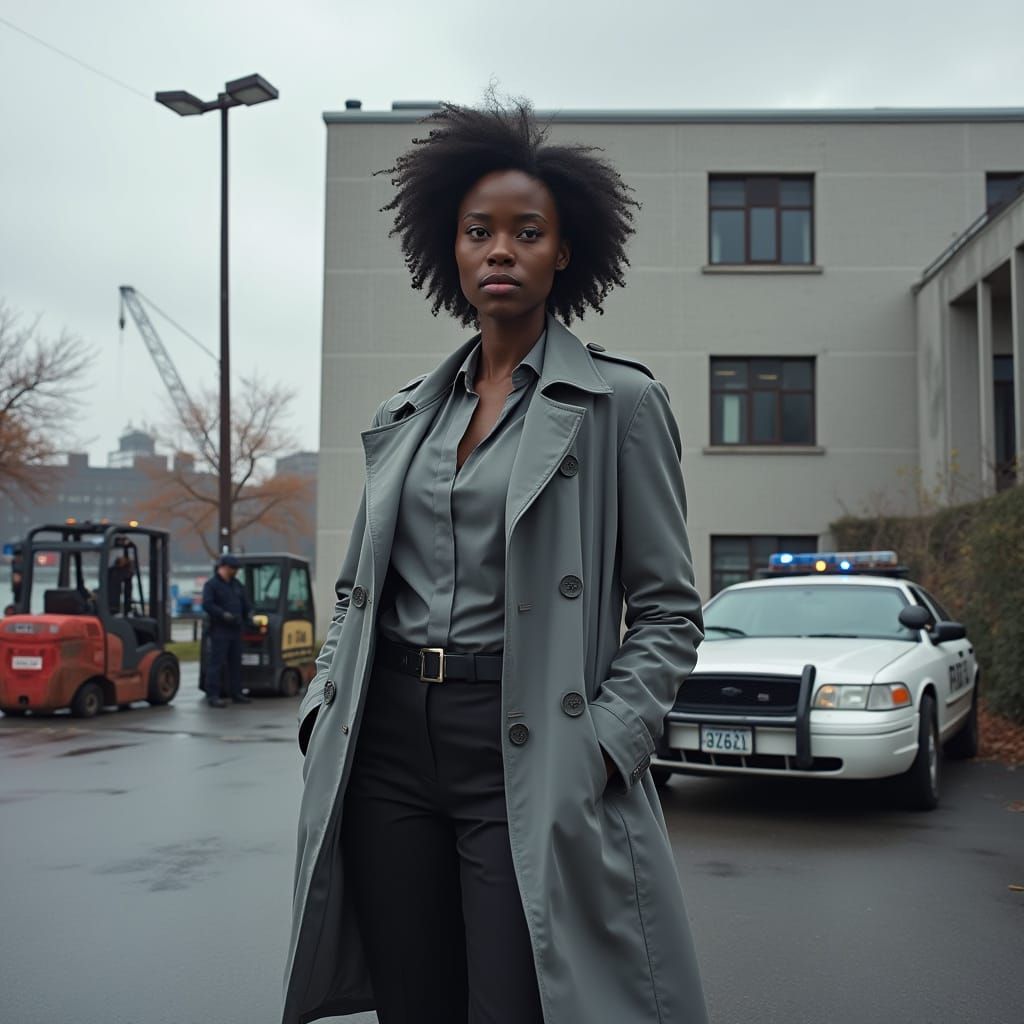 African American Woman in Trench Coat by Police Cruiser