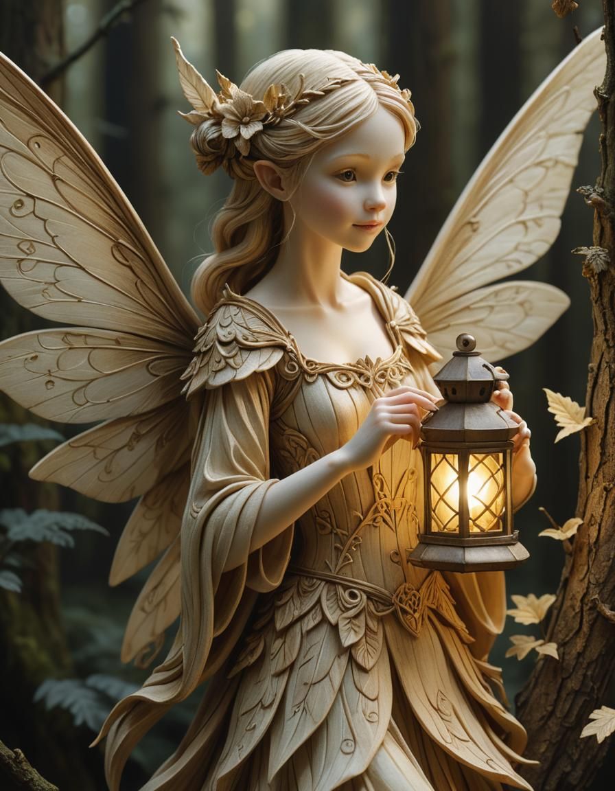 Wood Carving Fairy with Lantern in Forest