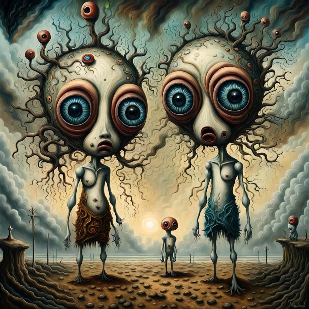 Surreal People with Panicked Expressions in Pop Surrealism S...