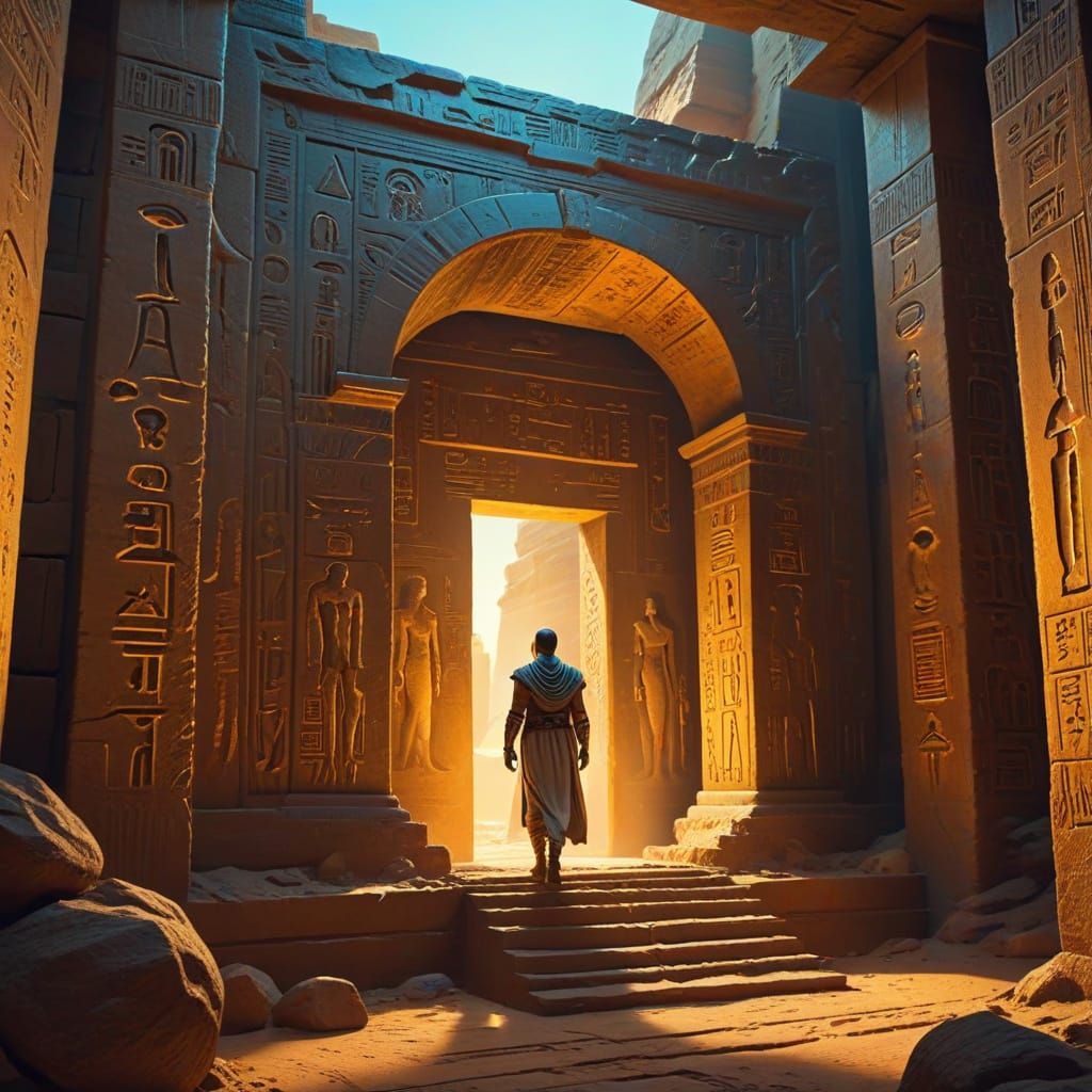Scientist Enters Egyptian Tomb Through Portal: Surreal Art