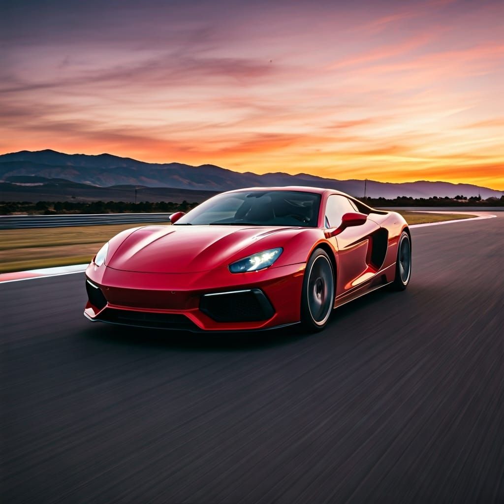 Red Sports Car Races into Dramatic Sunset