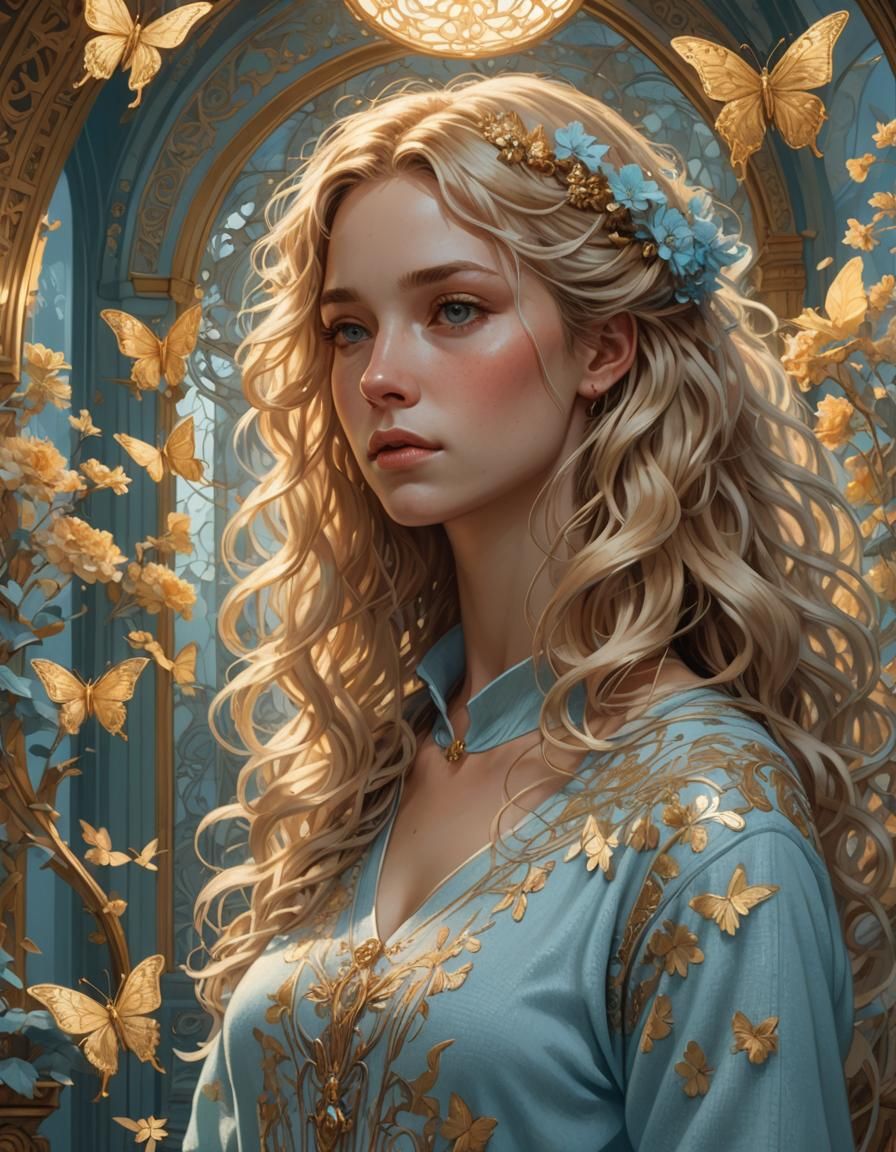 Dreamy Woman in Ornate Room, Alphonse Mucha Style