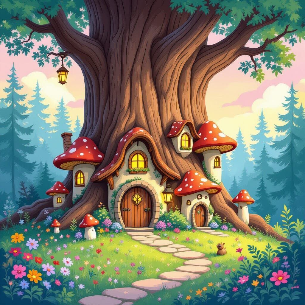 Enchanted Fairy Village in Sequoia Tree: Storybook Illustrat...
