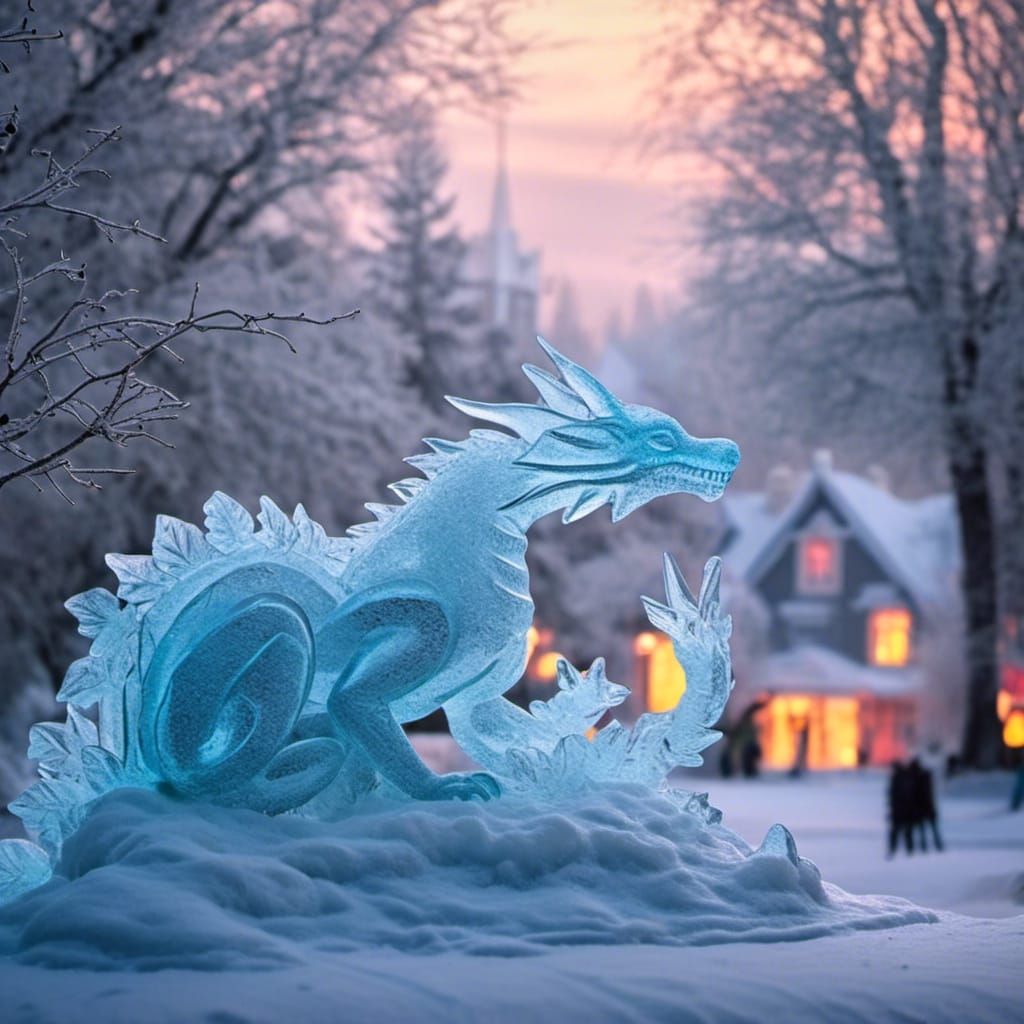 <lora:Schnee:1.0> an ice sculpture village, in the backgroun...