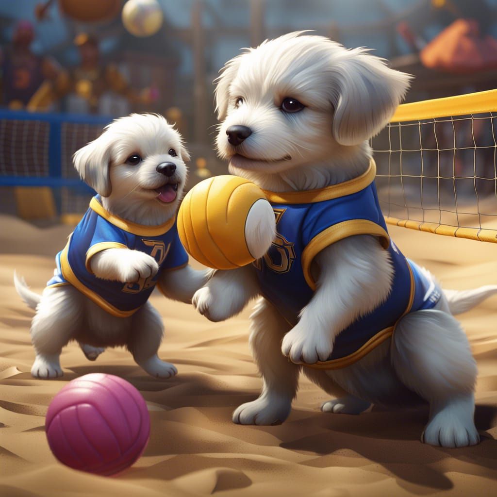 Puppies playing volleyball