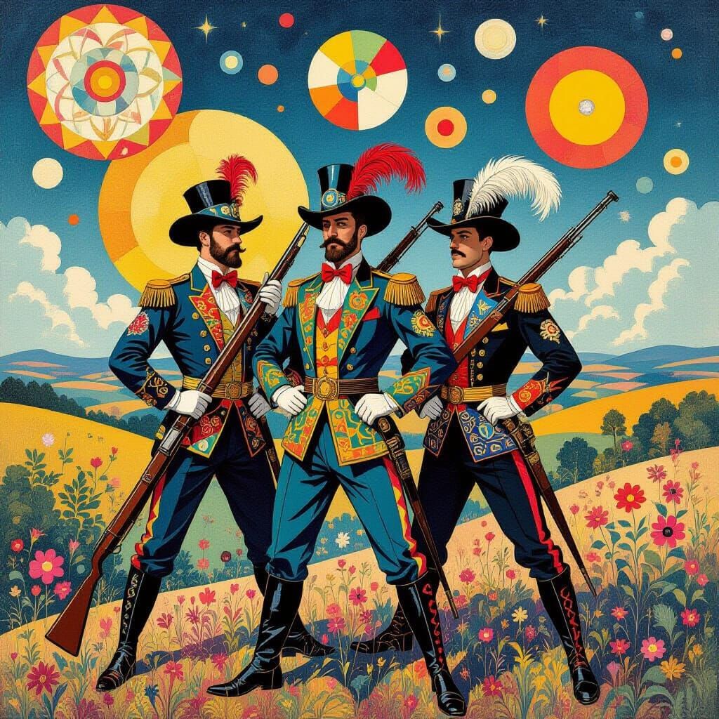 Militia Company in Art Deco Style Pencil Drawing