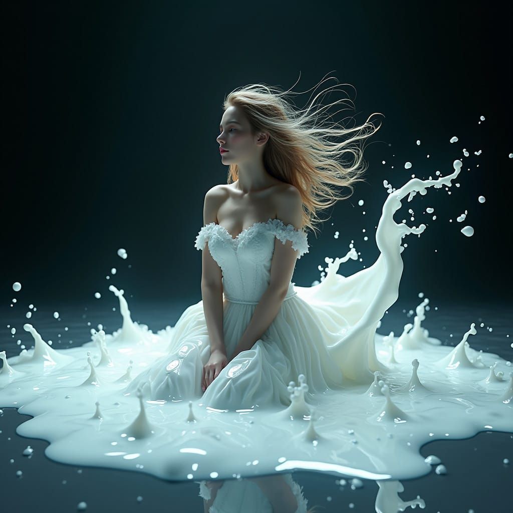 Woman Surrounded by Ethereal Milk-like Liquid in a Dreamlike...