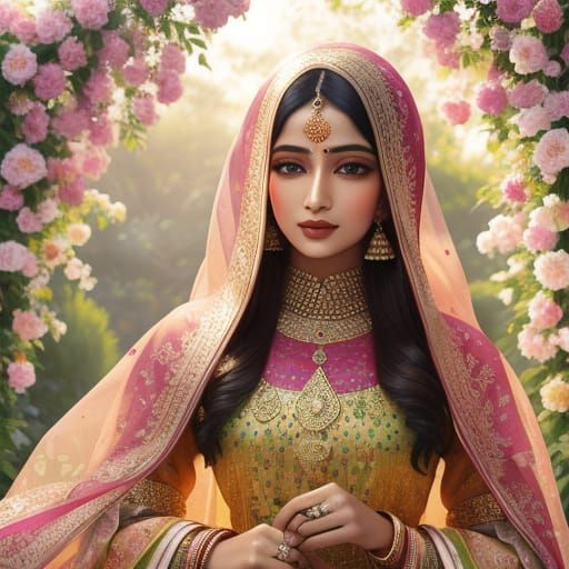 Indian Woman in Garden as Mughal Miniature Oil Painting