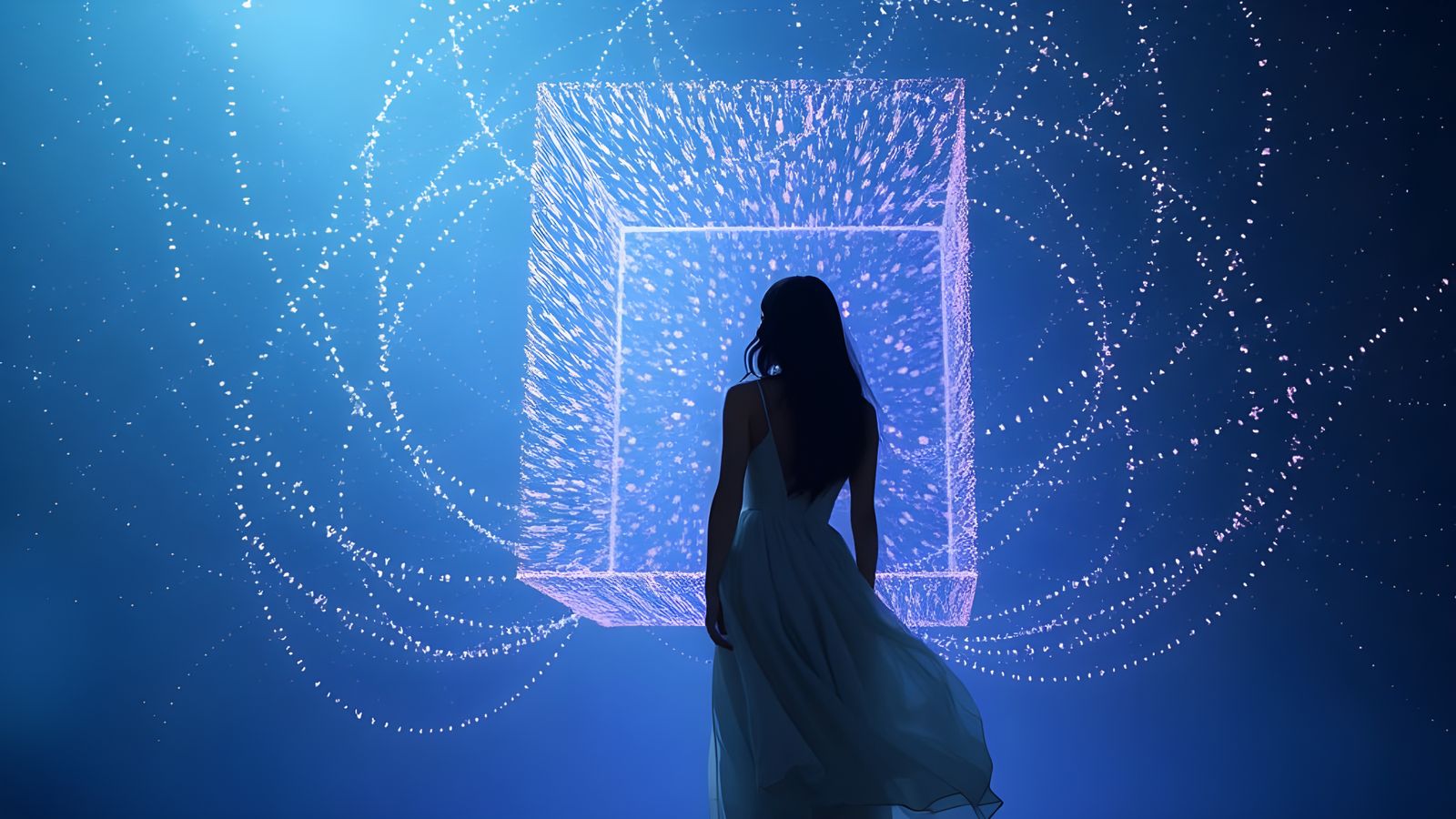 Neon Particles Reflecting in Mirrored Cube